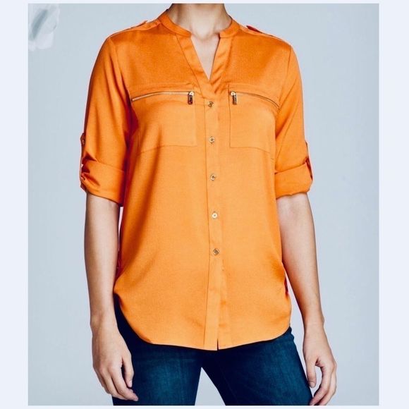 Calvin Klein Tops - Calvin Klein Small Pumpkin Roll Tab Shirt Pleated